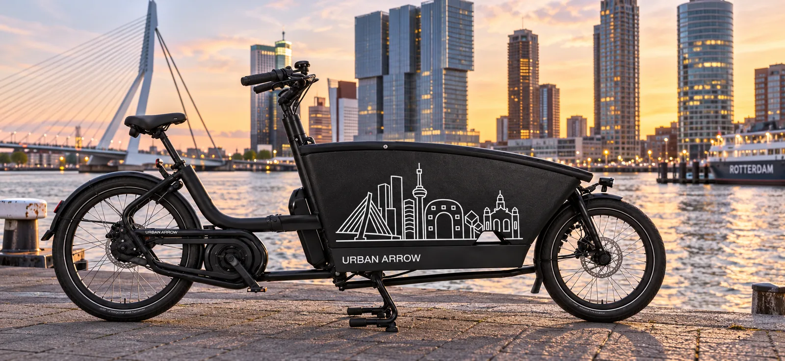 Zwarte bakfiets met wit Rotterdams lijnontwerp van de Erasmusbrug en skyline