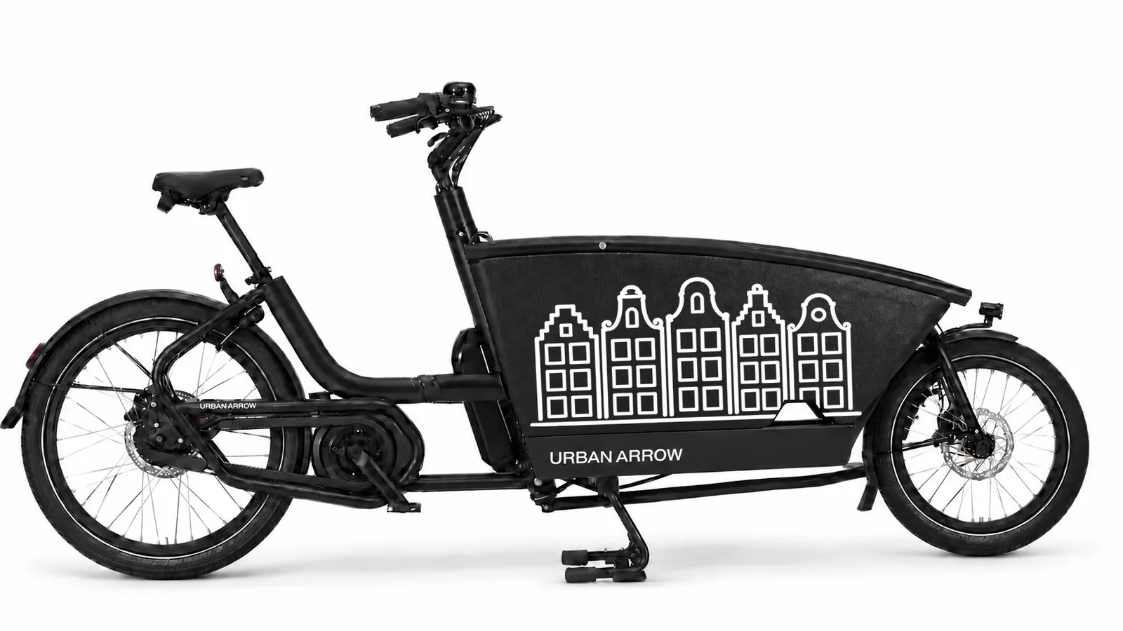 Zwarte Urban Arrow bakfiets met een witte premium sticker van vijf Amsterdamse grachtenhuizen