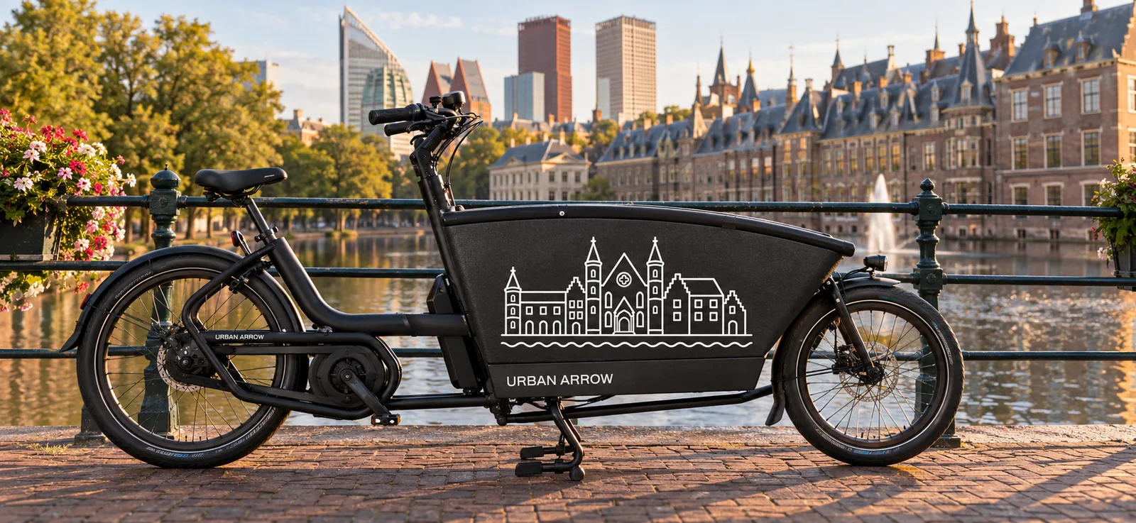 Zwarte bakfiets met wit Haags lijnontwerp van het Binnenhof en de Hofvijver