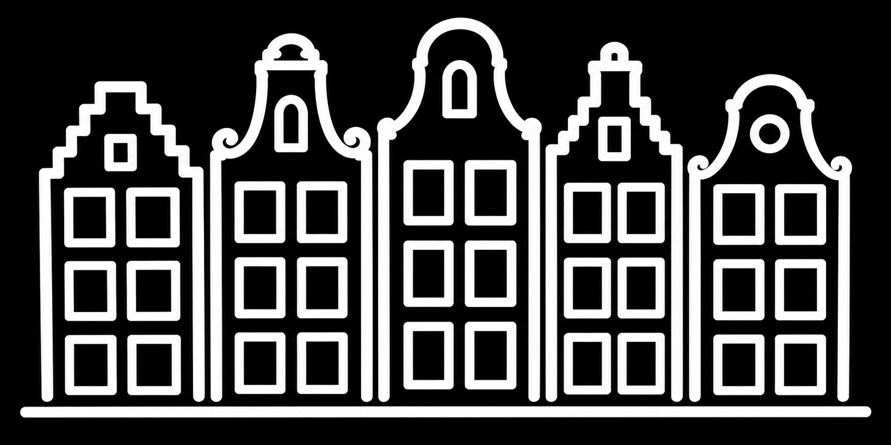 Premium bakfiets sticker Amsterdam: Vijf grachtenhuizen - Vijf gevels, Grachtenhuizen, Amsterdam, Lijnontwerp - het ontwerp