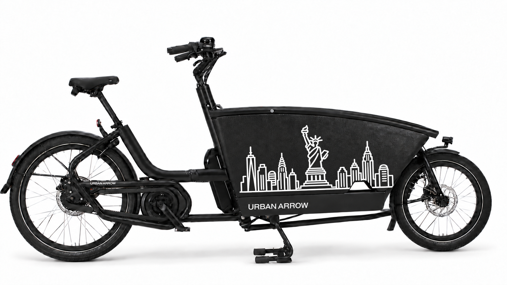 Premium bakfiets sticker New York: Manhattan & Vrijheidsbeeld - Manhattan, Vrijheidsbeeld, Skyline, New York - 70 × 37 cm op de bakfiets