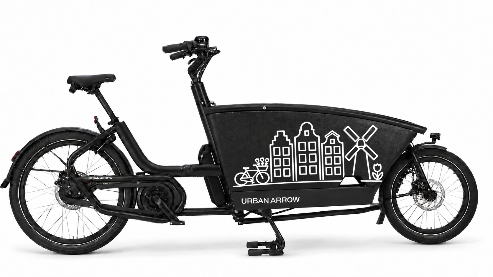 Bakfiets verfsjabloon Amsterdam: Fiets, grachtenhuizen & molen - Fiets, Grachtenhuizen, Molen, Amsterdam - 70 × 37 cm op de bakfiets