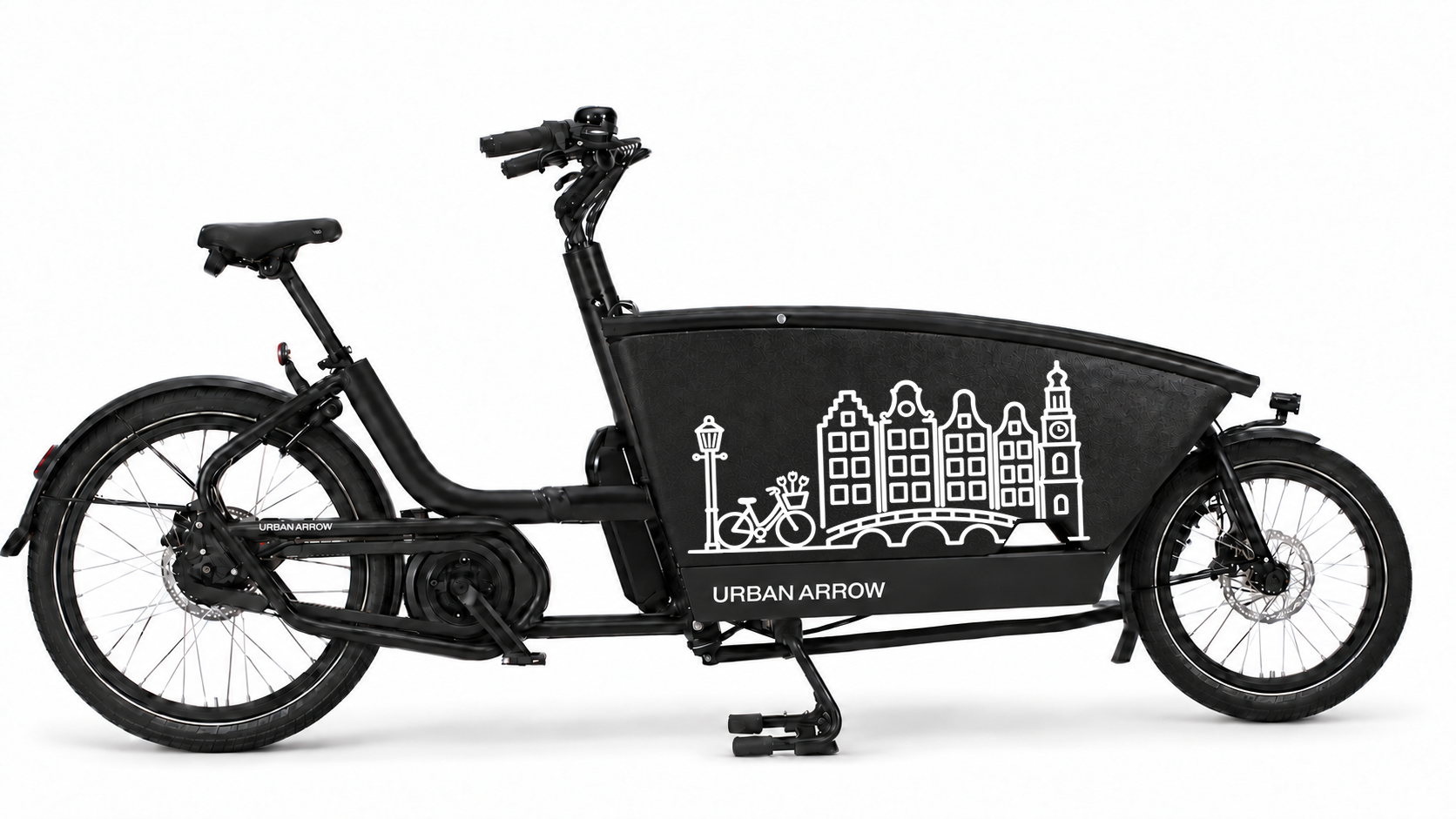 Bakfiets verfsjabloon Amsterdam: Fiets bij de Westertoren - Fiets, Brug, Grachtenhuizen, Westertoren - 70 × 37 cm op de bakfiets