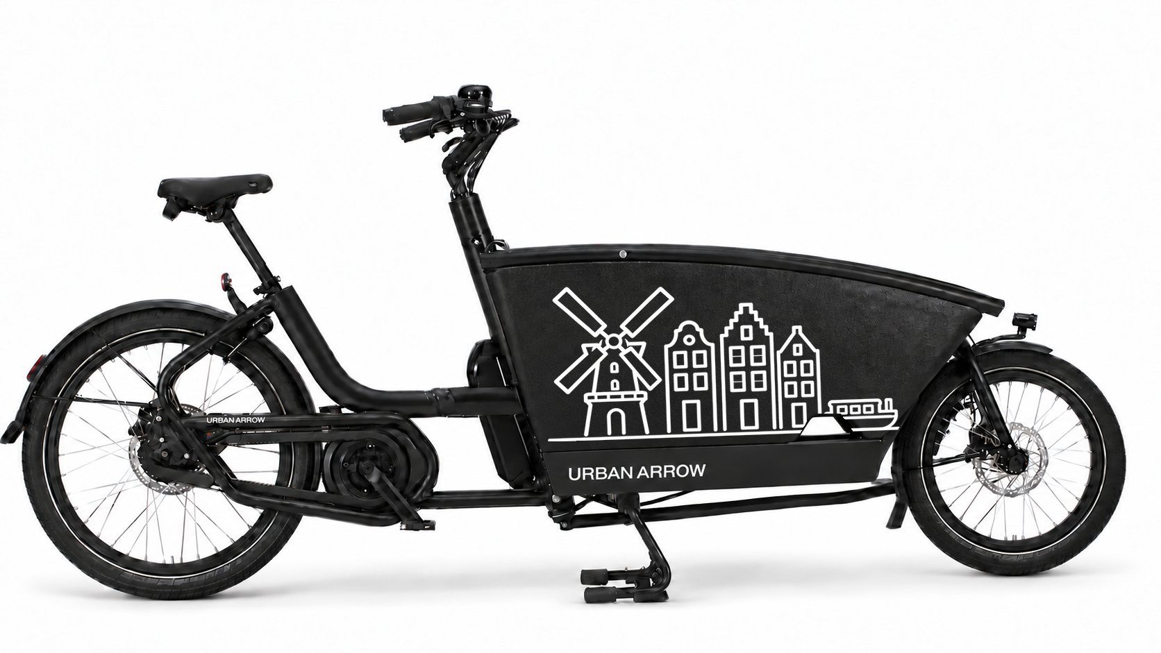 Bakfiets verfsjabloon Utrecht: Molen & grachtenhuizen - Molen, Grachtenhuizen, Utrecht, Stadsgezicht - 70 × 37 cm op de bakfiets