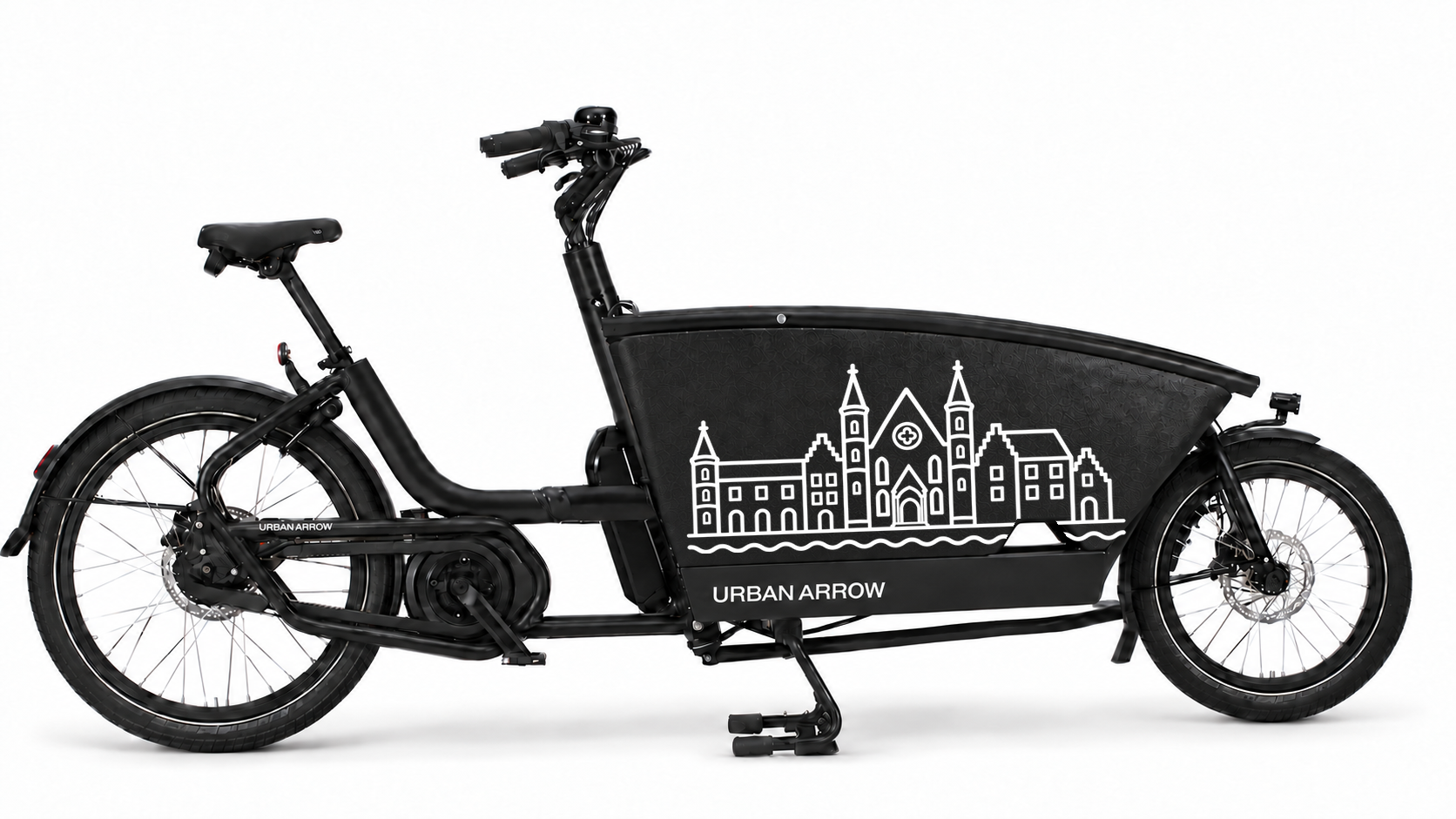 Premium bakfiets sticker Den Haag: Den Haag – Kerk en stadshuizen - Kerk, Stadshuizen, Gegoten vinyl, Uitgesneden vormen - 70 × 37 cm op de bakfiets