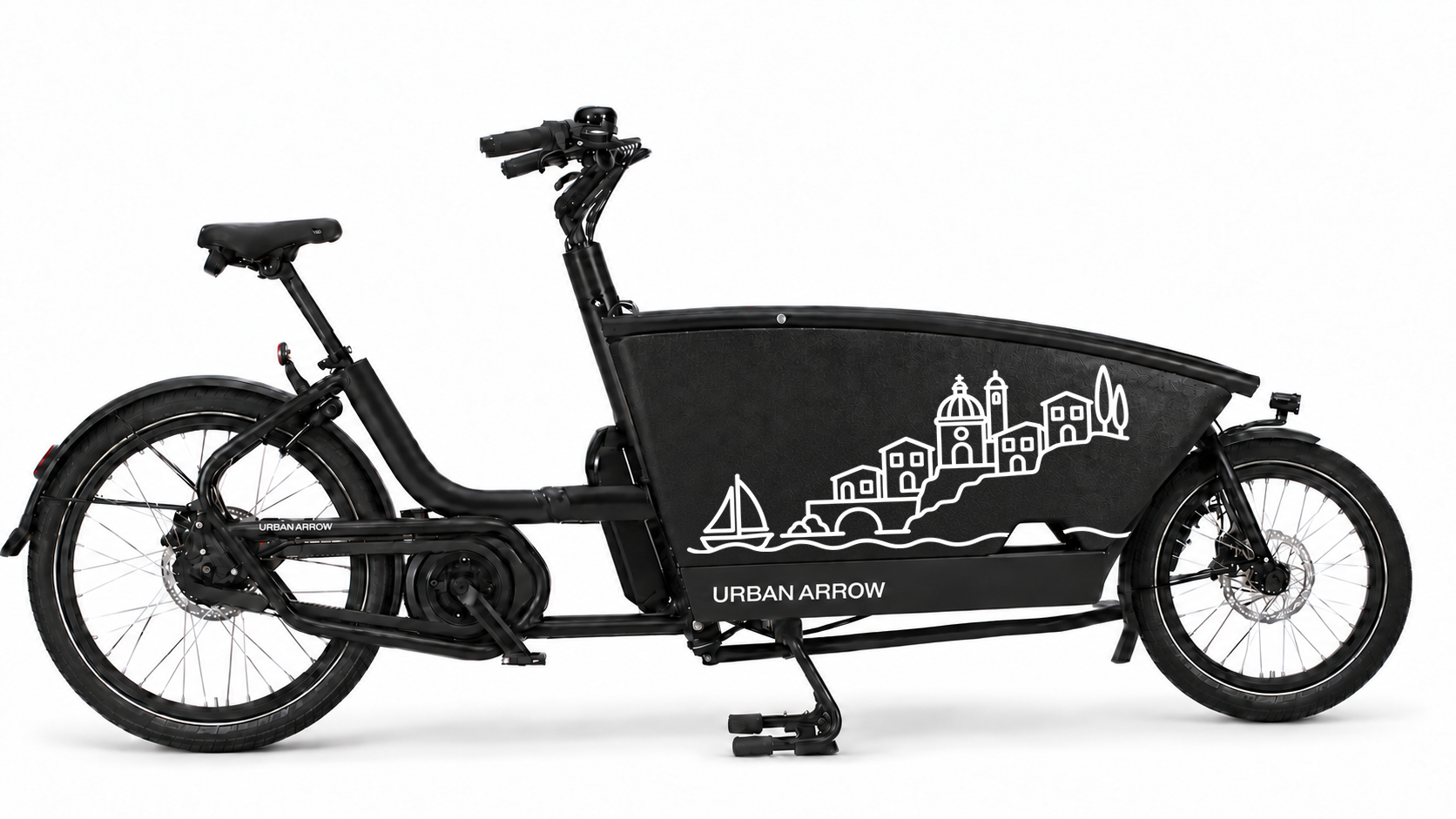 Premium bakfiets sticker Italië: Amalfikust - Amalfikust, Kustdorp, Zeilboot, Italië - 70 × 37 cm op de bakfiets