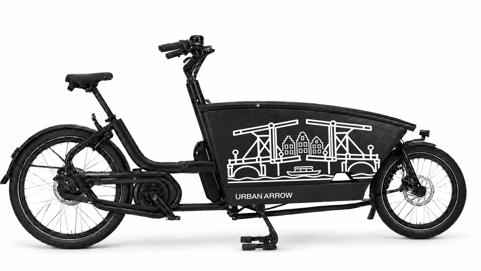 Bakfiets verfsjabloon Amsterdam: Magere Brug - Magere Brug, Amstel, Amsterdam, Brugdesign - 70 × 37 cm op de bakfiets