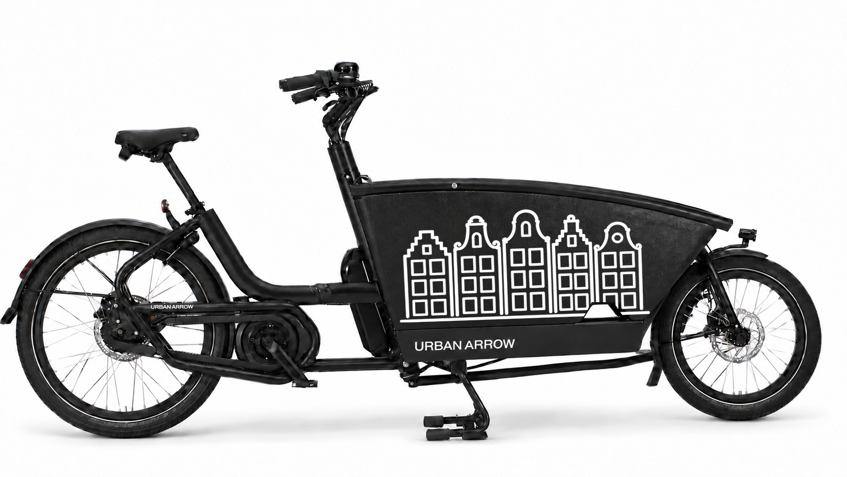 Bakfiets met een uitgesneden vinyl sticker van vijf Amsterdamse grachtenhuizen op de zijkant van de bak