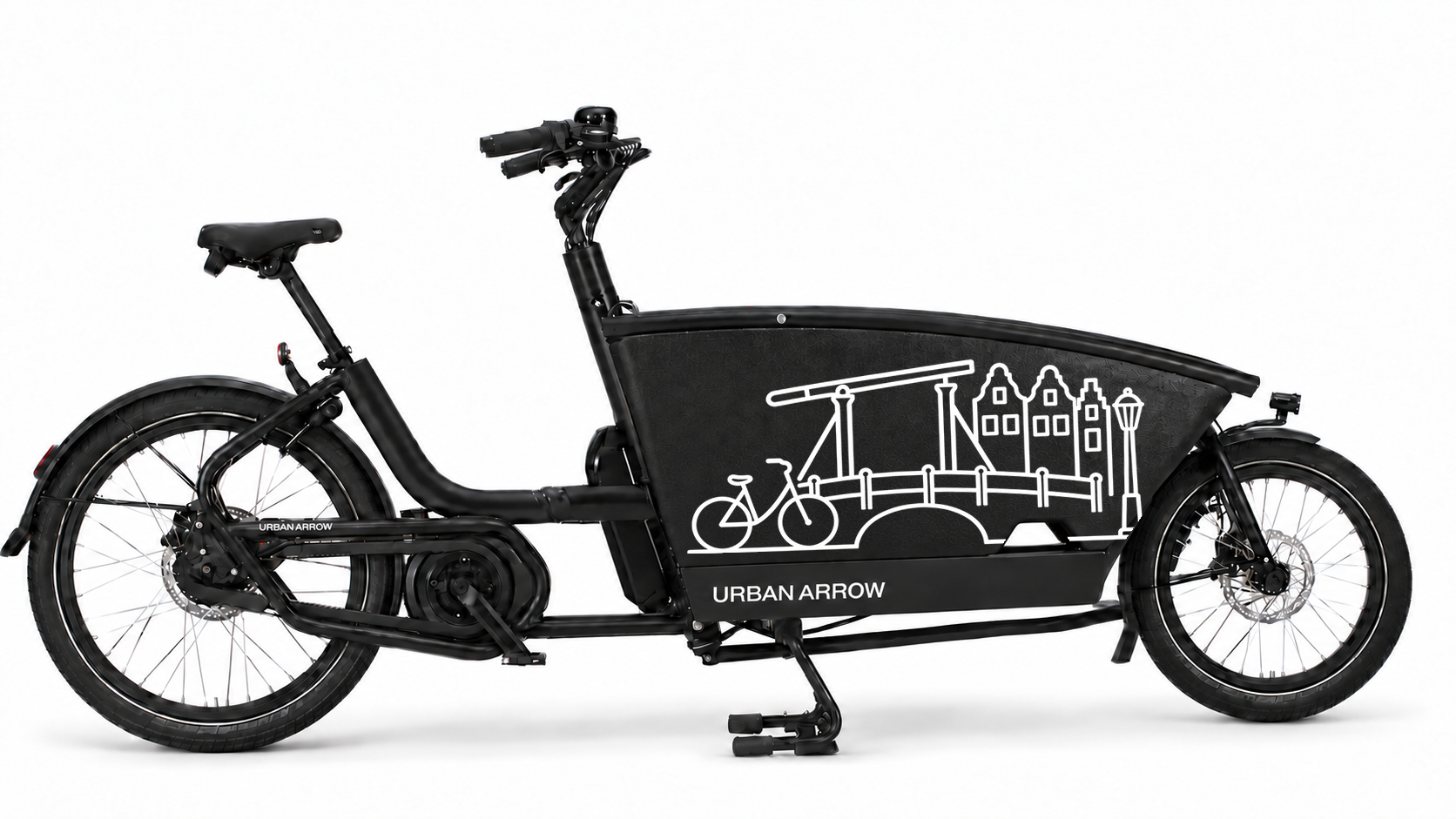 Bakfiets verfsjabloon Haarlem: Haarlemse ophaalbrug - Ophaalbrug, Fiets, Grachtenhuizen, Haarlem - 70 × 37 cm op de bakfiets