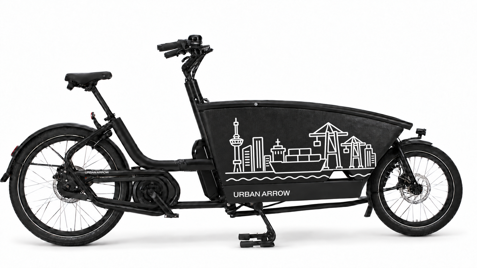 Premium bakfiets sticker Rotterdam: Rotterdamse haven met Euromast - Rotterdamse haven, Euromast, Havenkranen, Uitgesneden vinyl - 70 × 37 cm op de bakfiets
