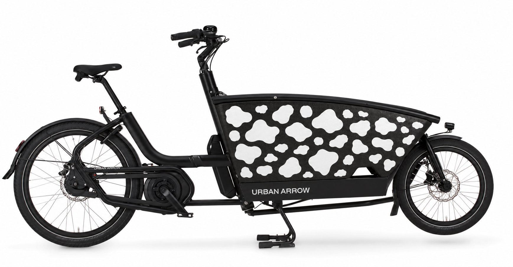 Bakfiets verfsjabloon Dierenprint: Koeienprint - Onregelmatige koeienvlekken, Zelf inkleuren, Zelfklevend verfsjabloon, Achtervel en transferfolie - de kleine print op de bakfiets