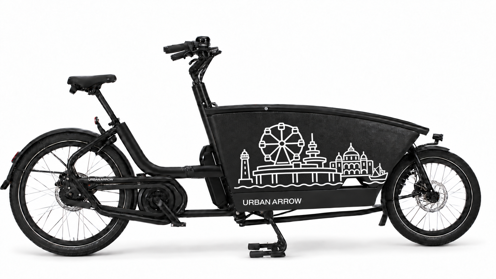 Bakfiets verfsjabloon Den Haag: Scheveningen: Pier en reuzenrad - Pier van Scheveningen, Reuzenrad, Zelf inkleuren, Zelfklevend verfsjabloon - 70 × 37 cm op de bakfiets