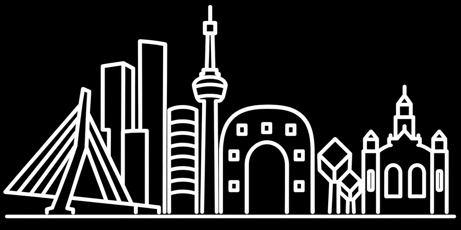 Premium bakfiets sticker Rotterdam: Skyline Rotterdam met Erasmusbrug - Rotterdamse skyline, Erasmusbrug, Euromast, Gegoten vinyl - het ontwerp