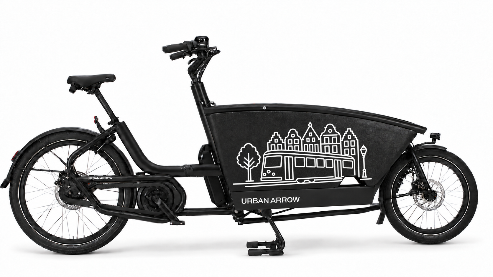 Bakfiets verfsjabloon Den Haag: Haagse tram en grachtenpanden - Haagse tram, Grachtenpanden, Zelf inkleuren, Zelfklevend verfsjabloon - 70 × 37 cm op de bakfiets