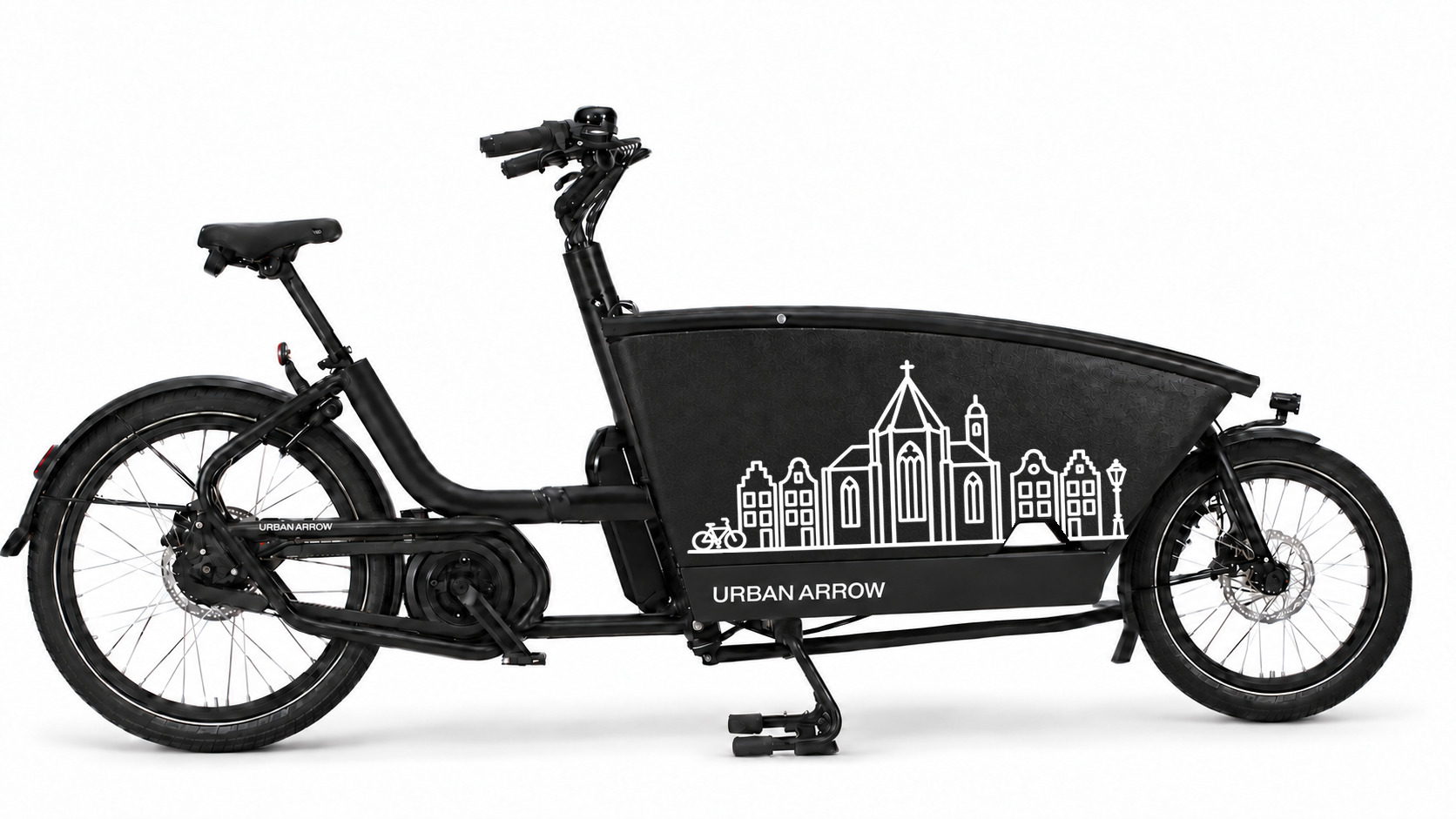 Premium bakfiets sticker Leiden: Leidse kerk & grachtenhuizen - Kerk, Grachtenhuizen, Leiden, Stadsgezicht - 70 × 37 cm op de bakfiets
