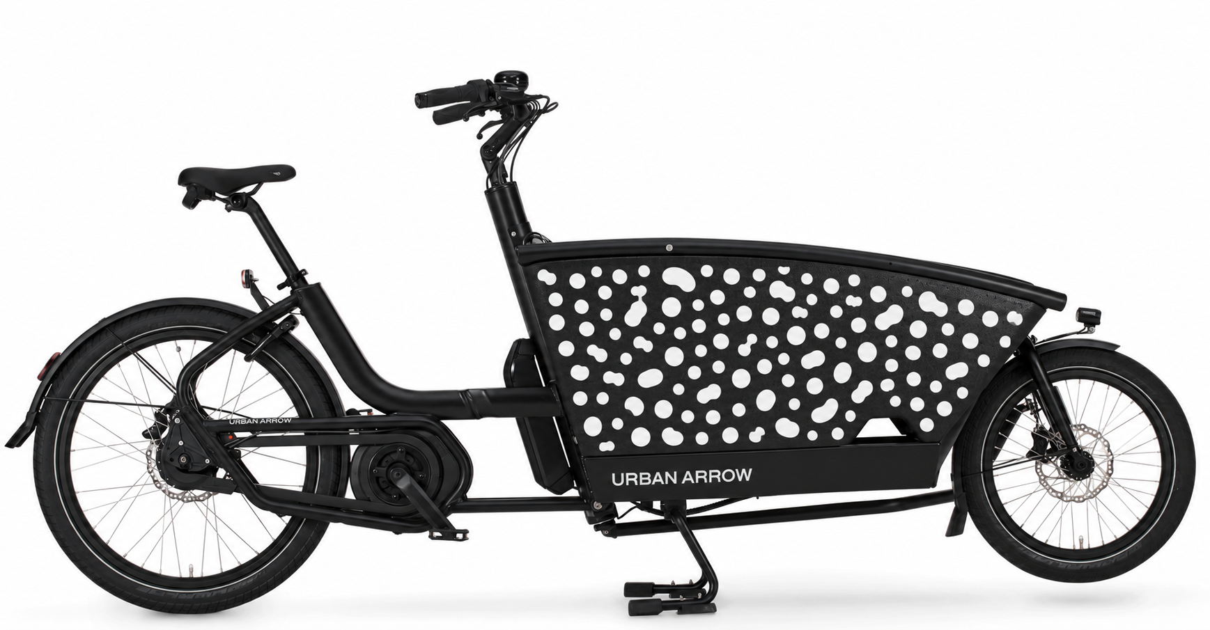Bakfiets verfsjabloon Dierenprint: Dalmatiërprint - Onregelmatige vlekken, Zelf inkleuren, Zelfklevend sjabloon, Gegoten vinyl - de kleine print op de bakfiets