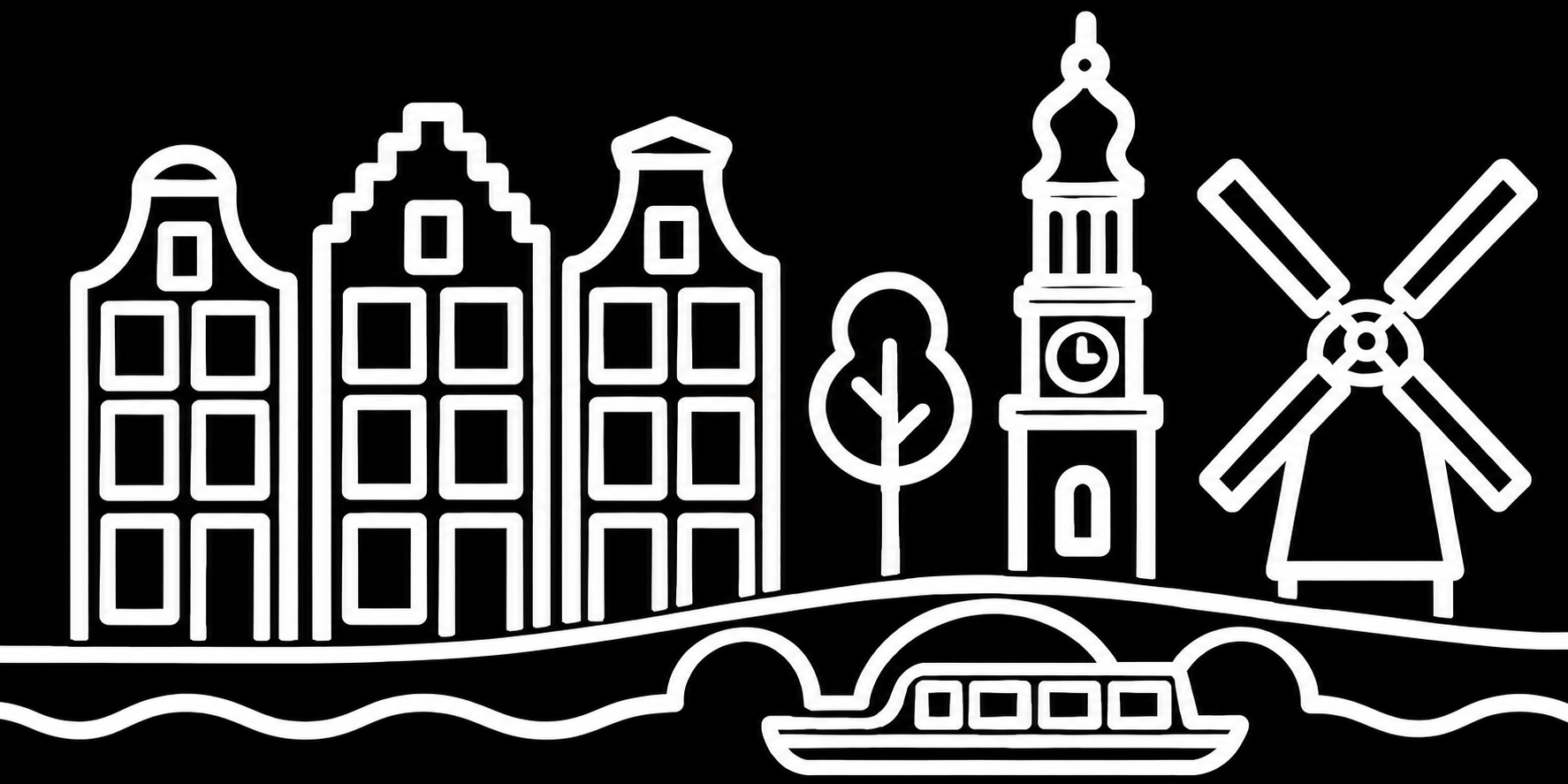 Bakfiets verfsjabloon Amsterdam: Amsterdam aan het water - Grachtenhuizen, Westertoren, Molen, Boot - het ontwerp